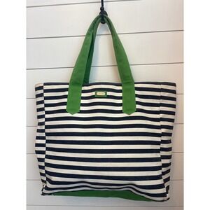Ame & Lulu Canvas Tote Bag Navy White Stripe Green Trim Nautical Beach Travel